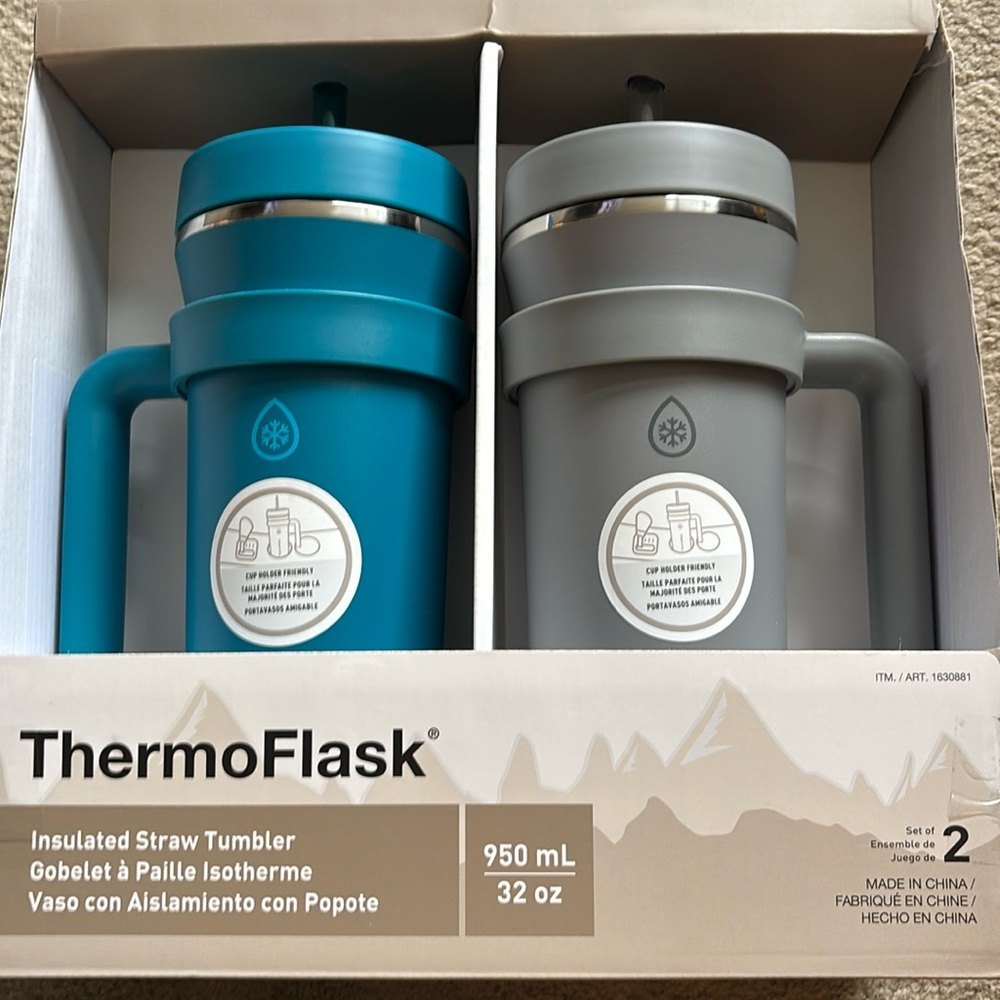ThermoFlask 32oz Insulated Standard Straw Tumbler with Handles, 2-pack.NEWINBOX